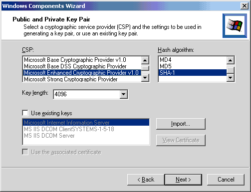 Windows Components Wizard - Private and Public Key Pair