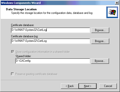 Windows Components Wizard - Data Storage Location