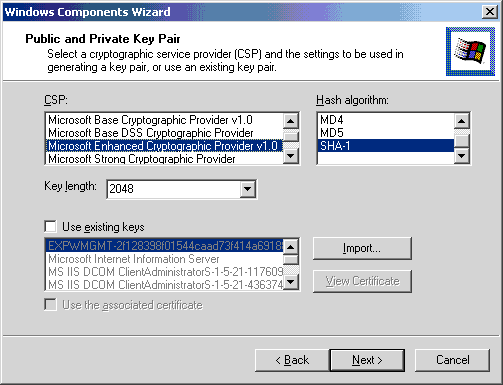 Windows Components Wizard - Public and Private Key Pair