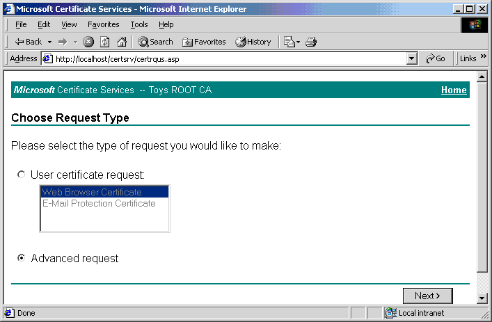 Microsoft Certificate Services - Microsoft Internet Explorer - Choose Request Type