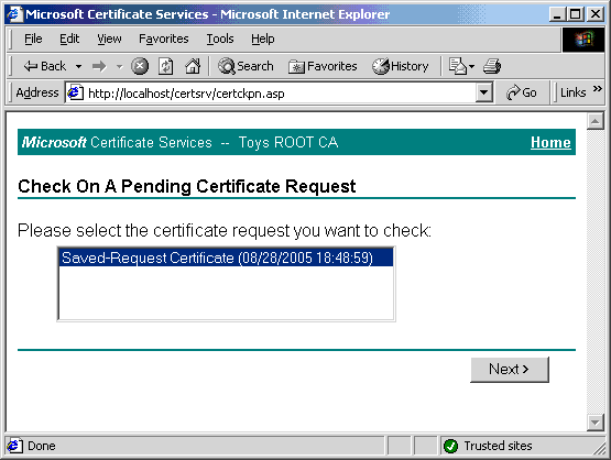 Microsoft Certificate Services - Microsoft Internet Explorer - Check On A Pending Certificate Request