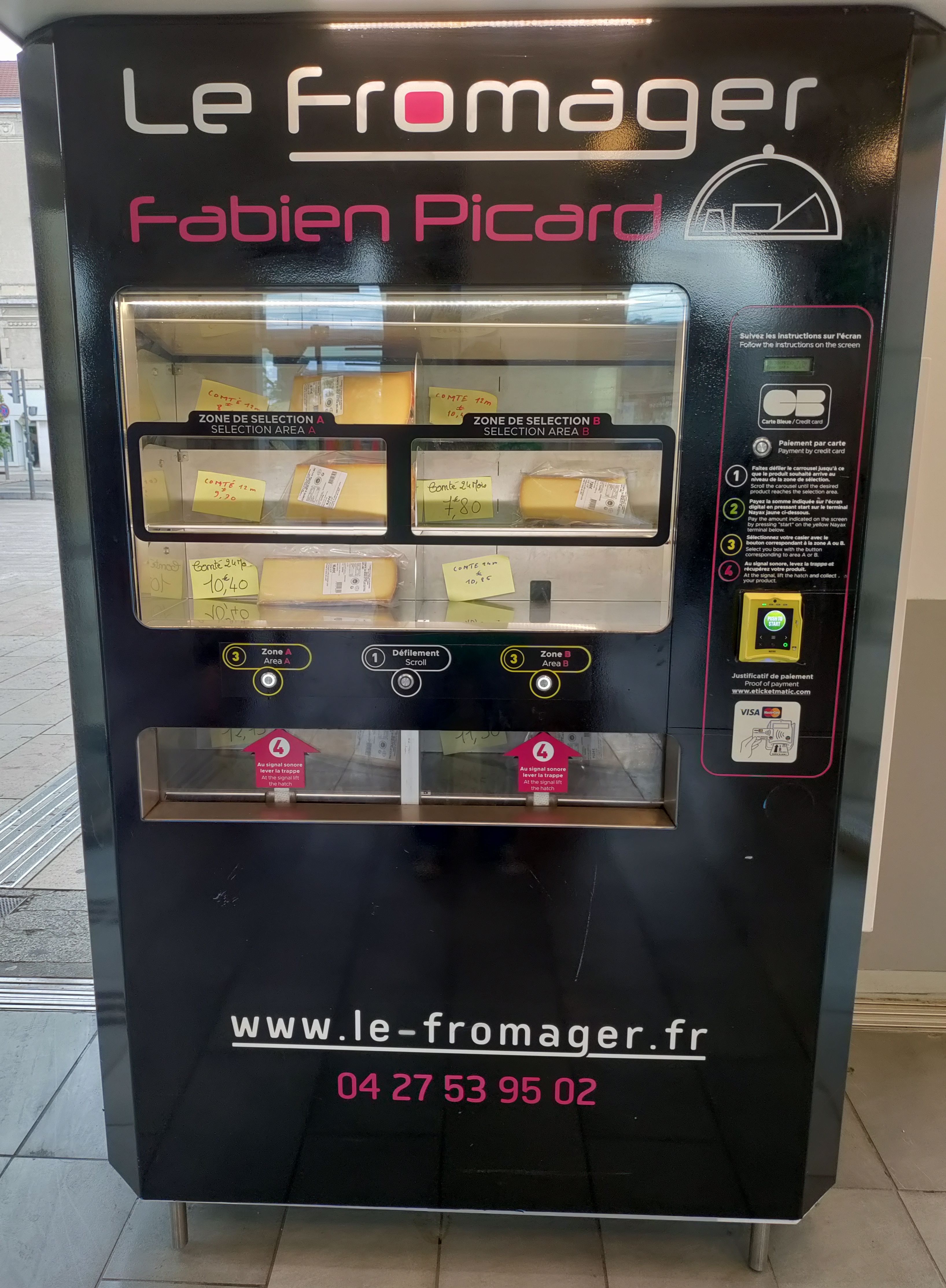 Vending machine selling local cheese inside the Bourg-en-Bresse train station.