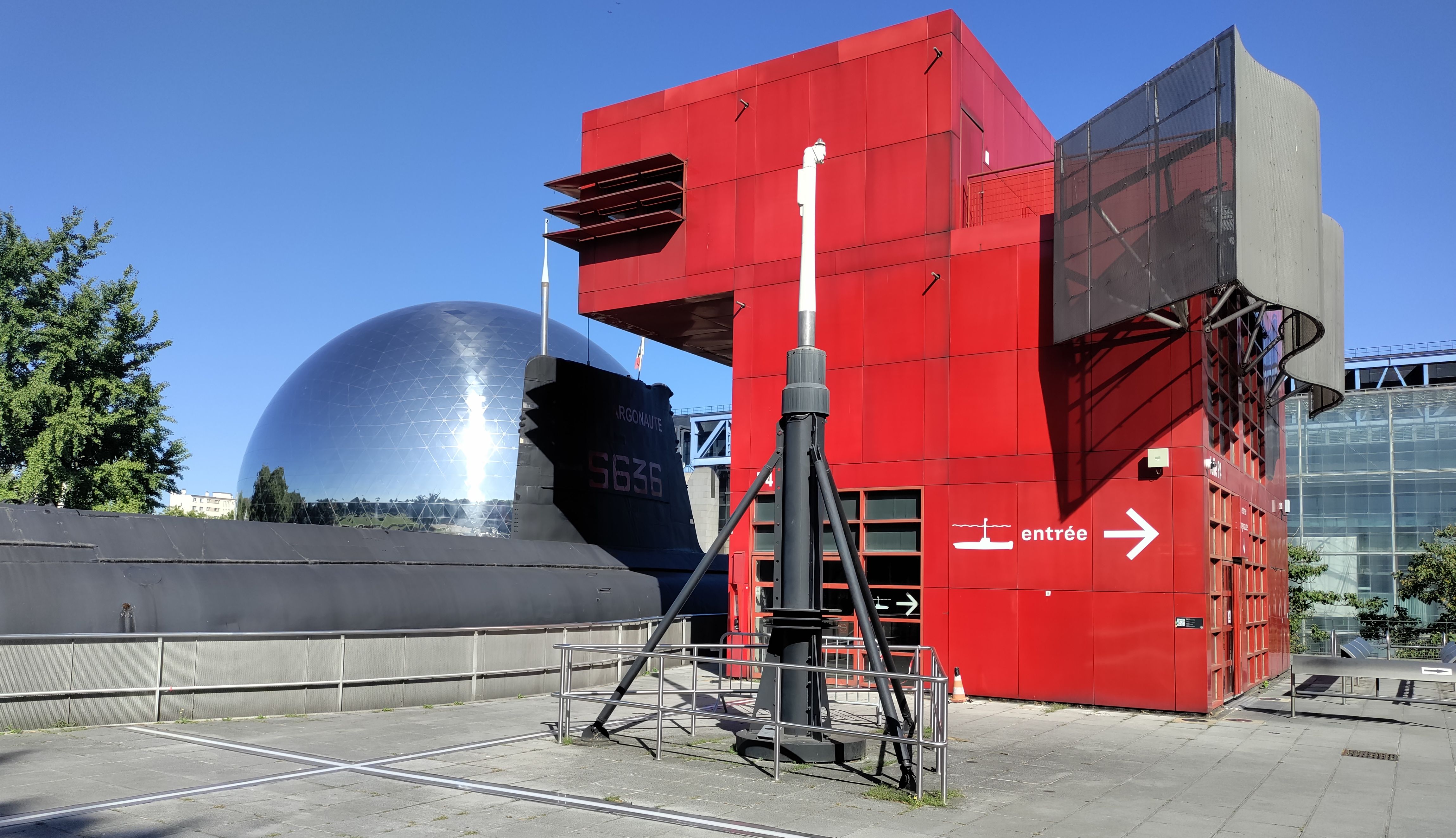 Entrance to the submarine exhibit, with the IMAX theater in the background.